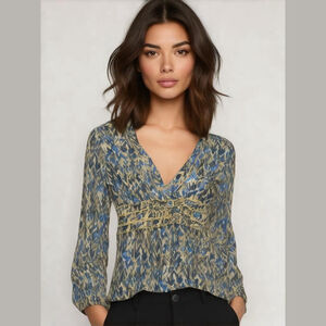 Women's BCBGMAXAZRIA Crossover V-Neck Blouse, M, Blue, Green, Brown, Creme
